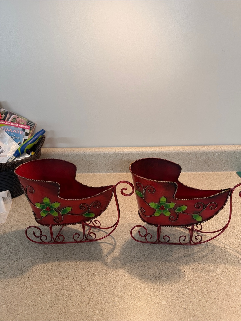 Red Decorative Metal Sleigh Planter with Green Holly Accents
